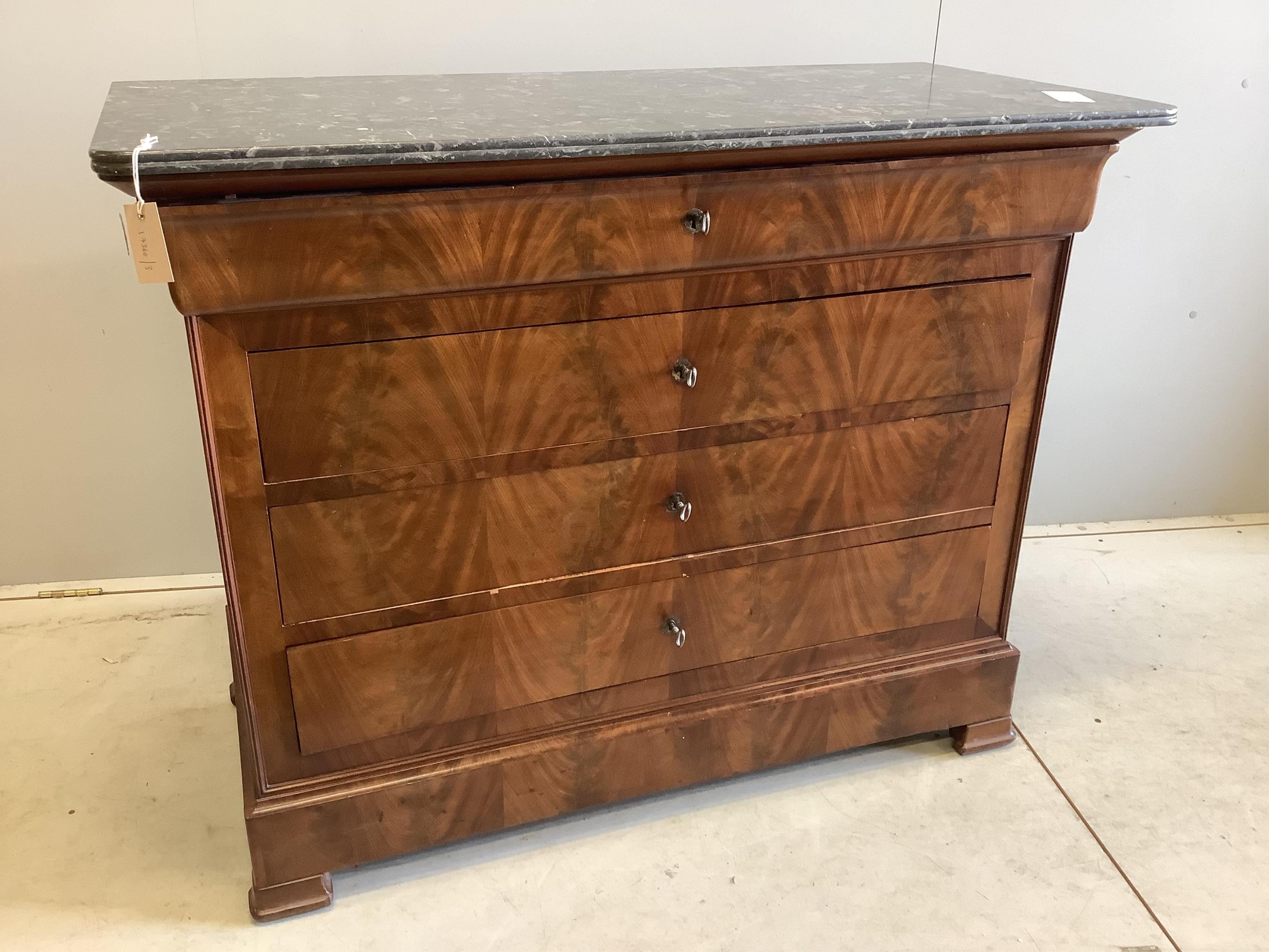 A 19th century French mahogany marble top commode, width 120cm, depth 57cm, height 95cm. Condition - good